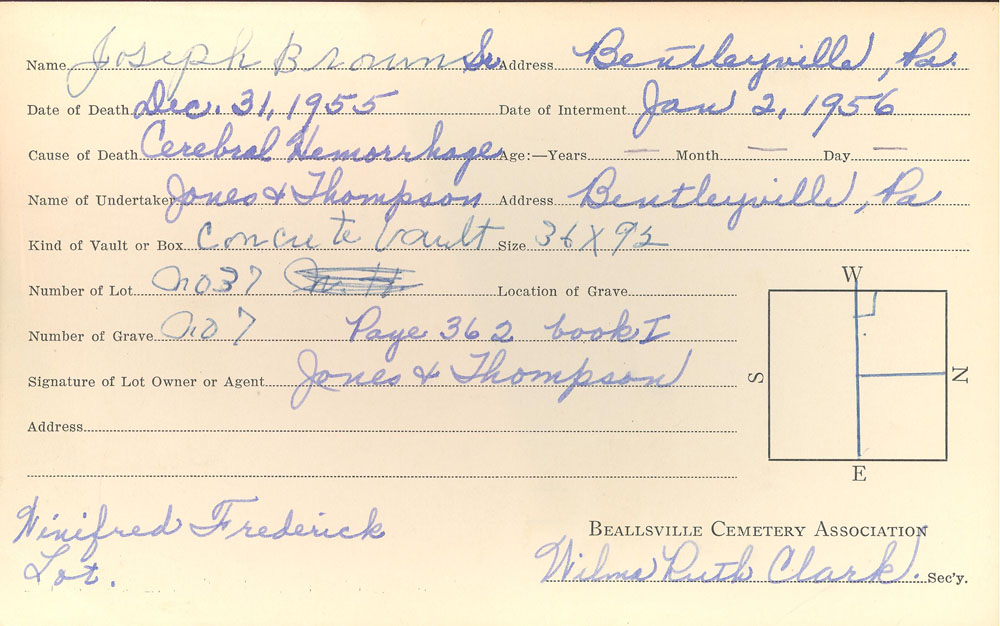 Joseph Brown Sr. burial card